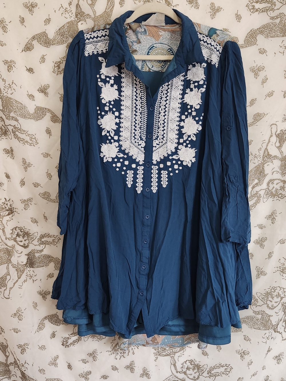 Savana Jane Teal Blue Embroidered Women's Button-Front Shirt Dress 1x